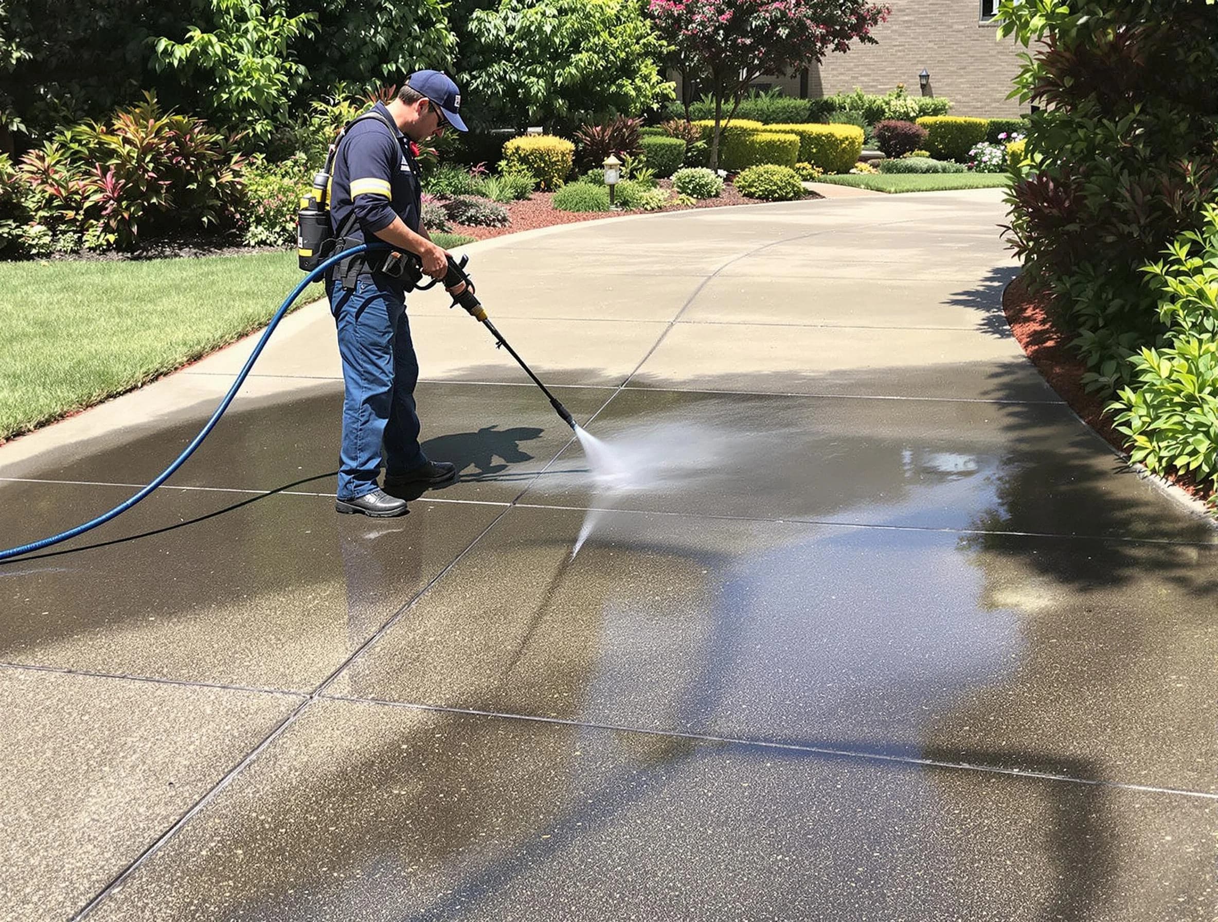 Experienced Avon Lake Power Washing team member pressure washing a driveway in Avon Lake