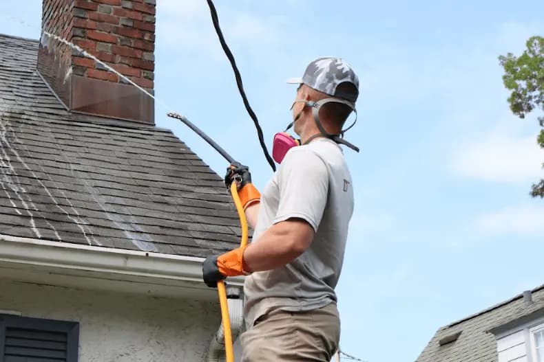 Avon Lake Power Washing professional performing gentle roof washing service in Avon Lake